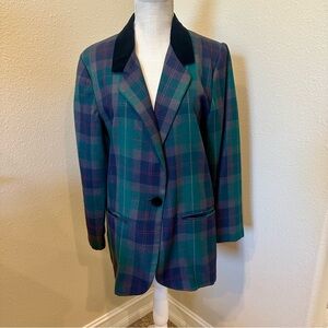 Vintage 90s Fundamental Things Green Plaid Blazer Velvet Collar Size 10 Petite